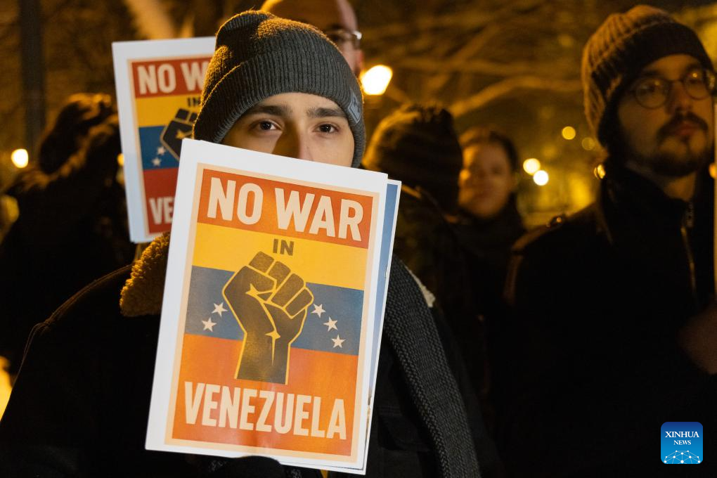 People take part in a protest opposing U.S. attack on Venezuela in front of the U.S. embassy in Budapest, Hungary, Jan. 7, 2026. (Photo by Attila Volgyi/Xinhua)