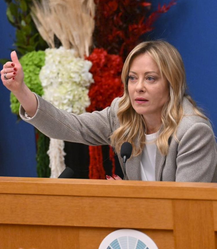 Italian Prime Minister Giorgia Meloni reacts at a press conference in Rome, Italy, Jan. 9, 2026. (Photo by Alberto Lingria/Xinhua)