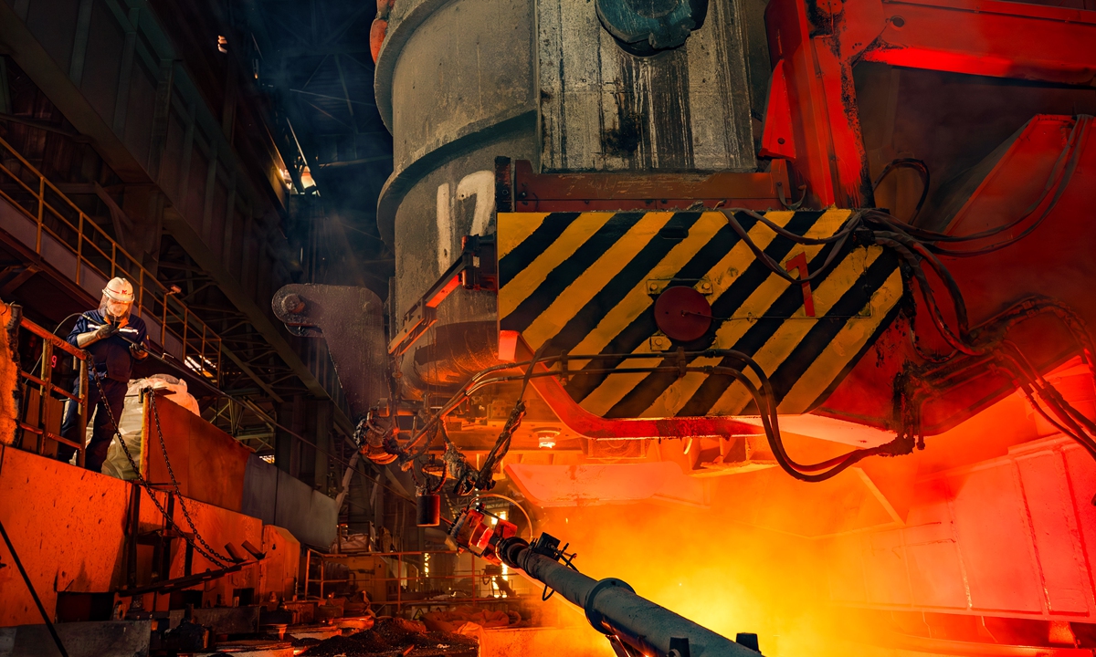 Workers produce steel products for wind power energy facilities at Maanshan Iron & Steel Co in Ma'anshan, East China's Anhui Province on January 7, 2026. At the beginning of the new year, steel production line workers are working hard to speed up output and strive for a