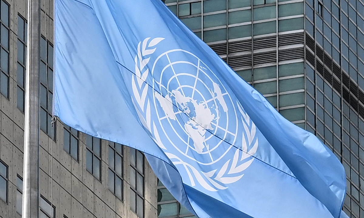 The photo shows the United Nations flag at the United Nations Headquarters in New York, US, on September 23, 2025. Photo: VCG