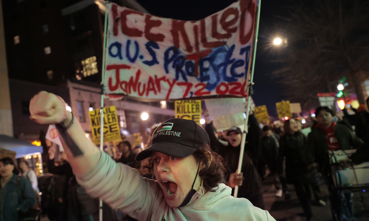 A protestor pumps his fist while marching during a protest against the fatal shooting of Renee Nicole Good on January 8, 2026 in Washington, DC. Good was shot and killed by an ICE agent in Minneapolis on Wednesday, January 7th. Photo: VCG