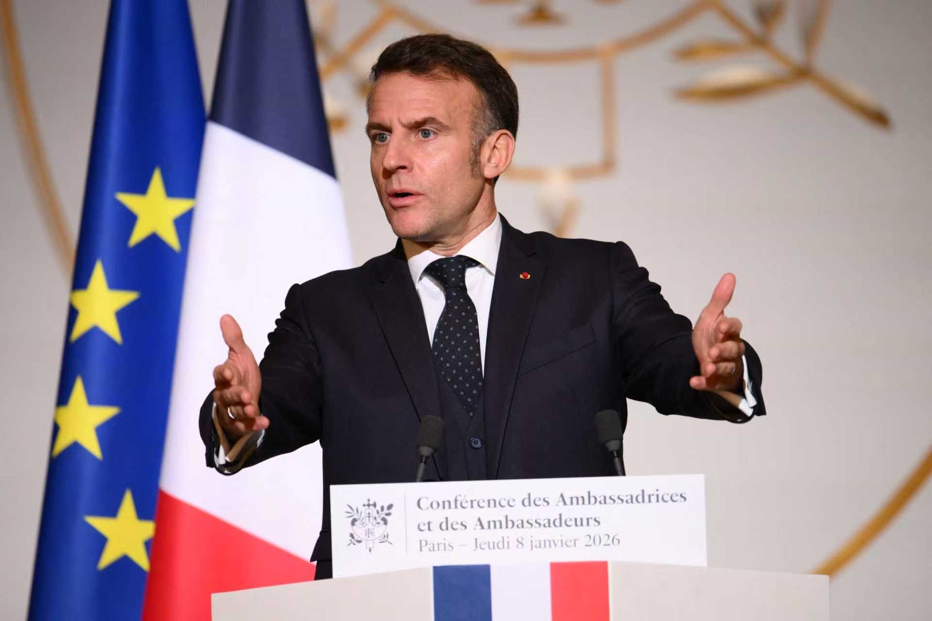 French President Emmanuel Macron during the 2026 Ambassadors' Conference at the Elysee Palace in Paris on January 8, 2026. Photo by Eliot Blondet/ABACAPRESS.COM Photo via Newscom