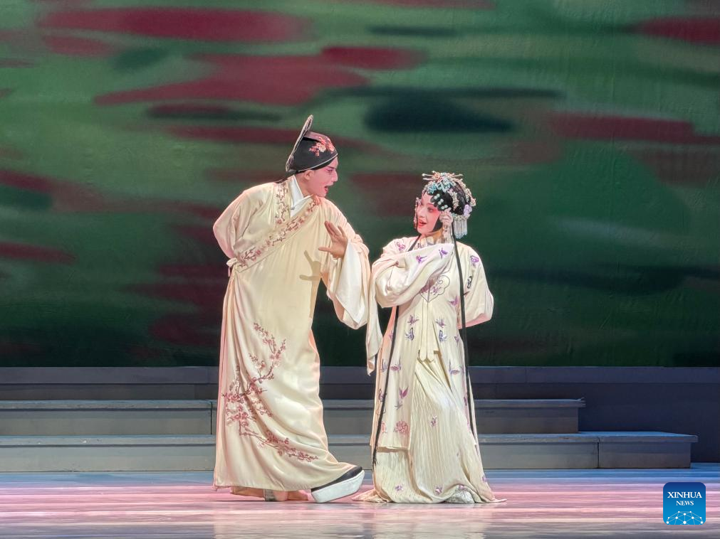 College student performers rehearse for a campus youth version of the Kunqu Opera masterpiece The Peony Pavilion in Taipei, southeast China's Taiwan, Jan. 14, 2026. (Xinhua/Huang Shuo)