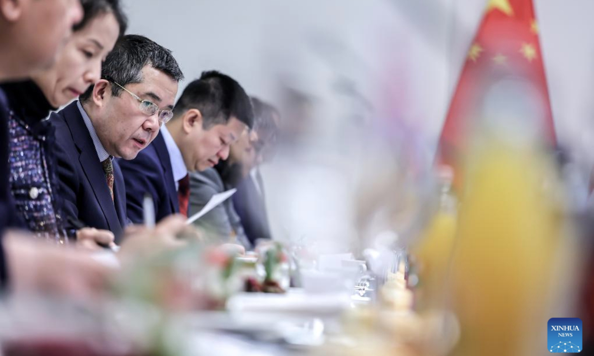 Chinese Ambassador to Hungary Gong Tao (3rd L) sepaks during a breakfast meeting in Budapest, Hungary, on Jan. 13, 2026. Hungarian Minister of Justice Bence Tuzson on Tuesday praised the contributions of Chinese enterprises to Hungary's economic and social development. (Photo by David Balogh/Xinhua)