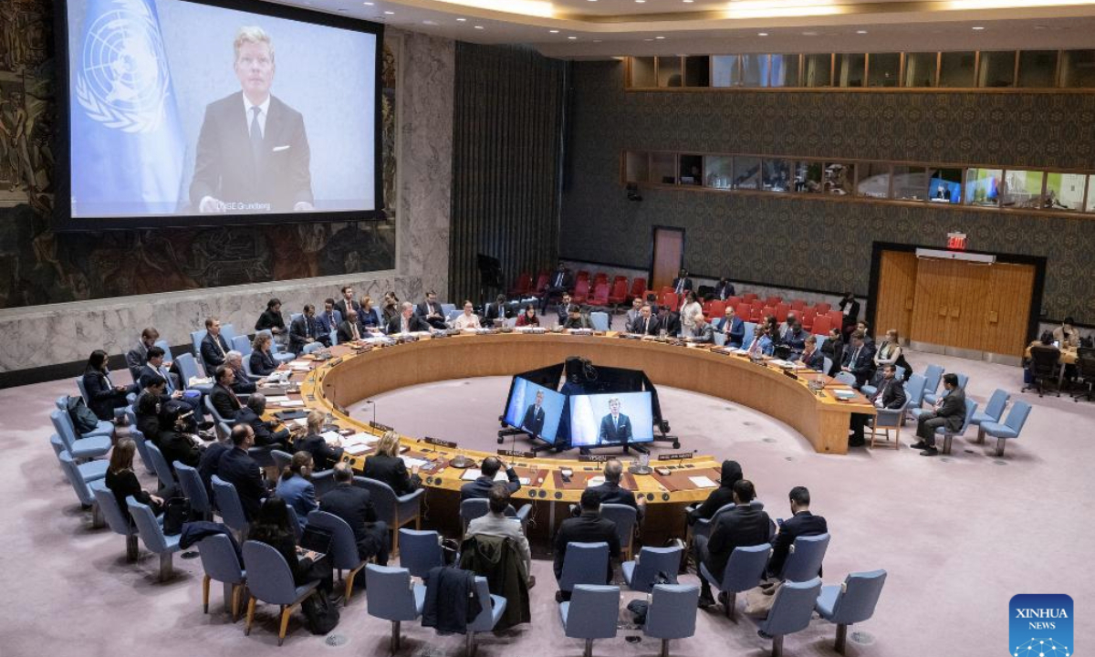 UN Special Envoy for Yemen Hans Grundberg (on screens) speaks via a video link at a Security Council meeting at the UN headquarters in New York, Jan. 14, 2026. Grundberg on Wednesday stressed the importance of a comprehensive political process in the war-torn country. (Manuel Elias/UN Photo/Handout via Xinhua)