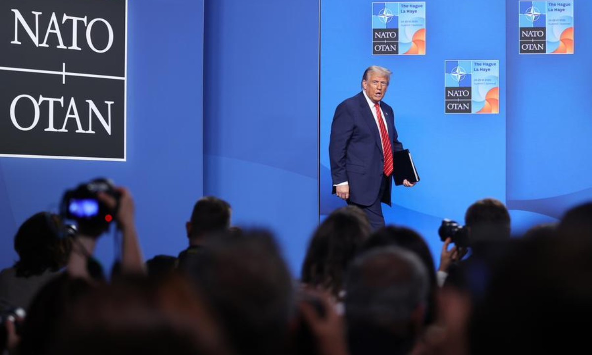 U.S. President Donald Trump attends a press conference following the NATO summit in The Hague, the Netherlands, on June 25, 2025. (Xinhua/Zhao Dingzhe)