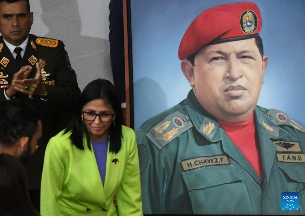 Venezuelan acting president Delcy Rodriguez walks ahead of her annual report to the legislature on behalf of the administrative body in Caracas, Venezuela, Jan. 15, 2026. (Photo by Marco Salgado/Xinhua)