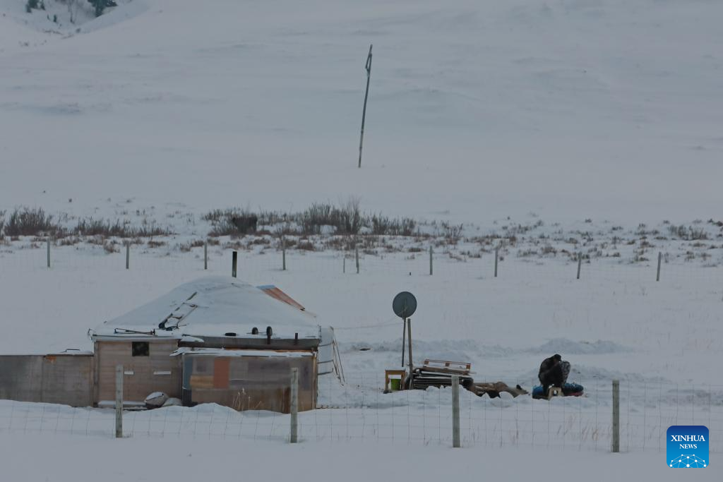 This photo taken on Jan. 14, 2026 shows the home of a nomadic family in Cergeleng county, Tuv province, Mongolia. At least nine of all the 21 Mongolian provinces have been experiencing extreme wintry weather, known as dzud, the country's National Emergency Management Agency (NEMA) said Wednesday.

Dzud is a Mongolian term to describe a severely cold winter when a large number of livestock die because the ground is frozen or covered with snow. (Photo by Garid/Xinhua)