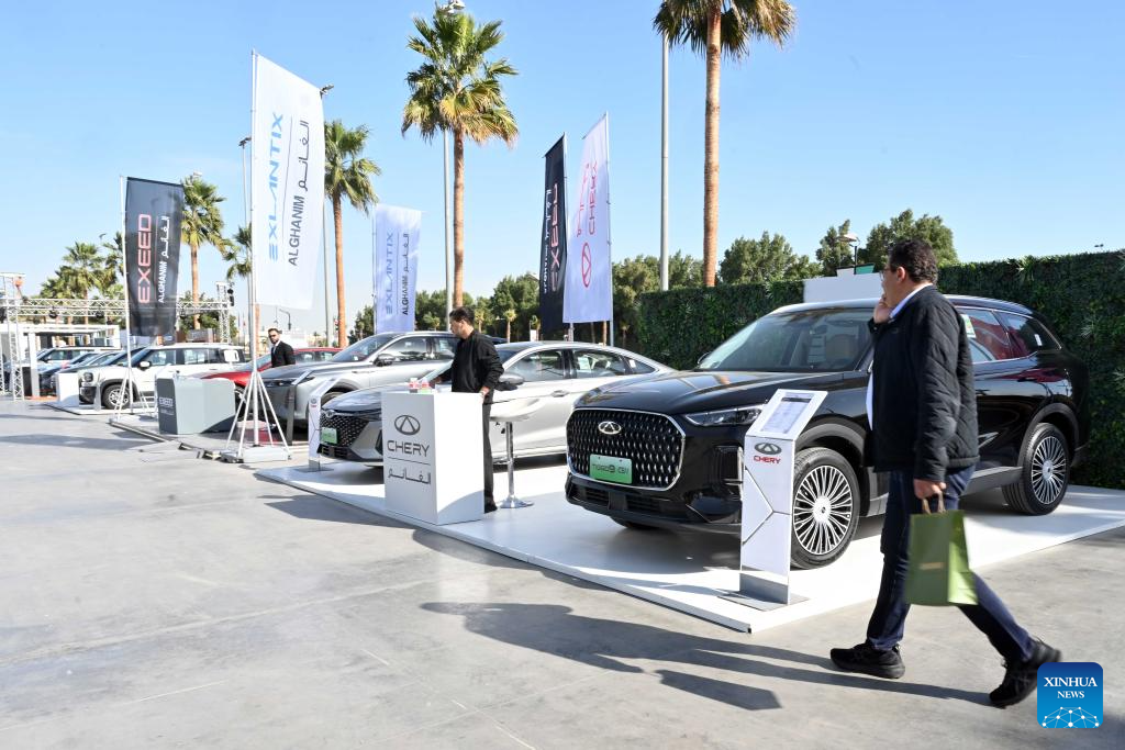 Electric cars are displayed during the Kuwait Sustainability Exhibition in Mubarak Al-Kabeer Governorate, Kuwait, Jan. 15, 2026. Kuwait Sustainability Exhibition opened on Thursday and will last for three days, aiming to raise awareness of supporting sustainability, recycling, and environmental protection in Kuwait. (Photo by Asad/Xinhua)