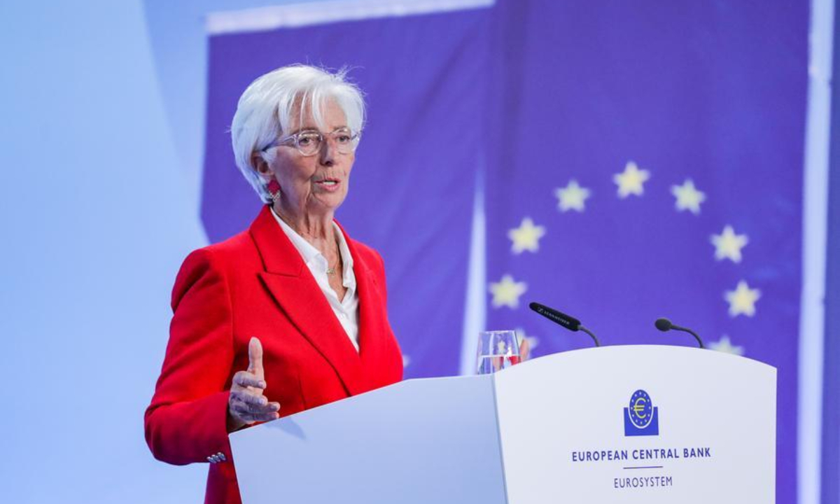 The European Central Bank (ECB) President Christine Lagarde speaks during a press conference at the ECB eadquarters in Frankfurt, Germany, June 5, 2025. The ECB on Thursday made another rate cut of 25 basis points and revised its inflation forecast down in its latest staff projection. (Xinhua/Zhang Fan)