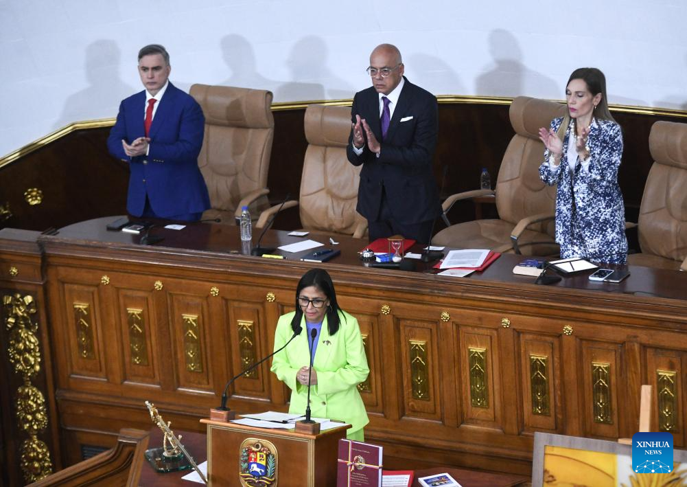 Venezuelan acting president Delcy Rodriguez (Front) delivers her annual report to the legislature on behalf of the administrative body in Caracas, Venezuela, Jan. 15, 2026. (Photo by Marco Salgado/Xinhua)
