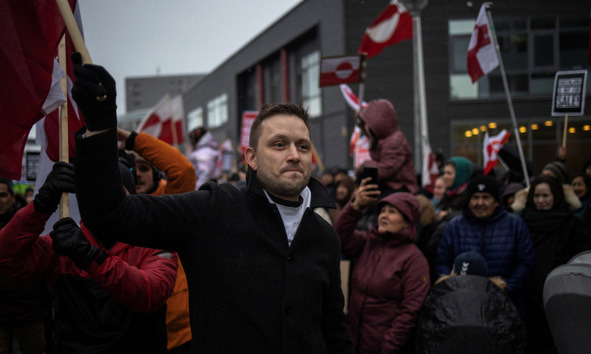 Greenland Prime Minister Jens-Frederik Nielsen joins the protest in Nuuk, Greenland, against US’ attempts to seize the Arctic island, on January 17, 2026 local time. Photo: IC