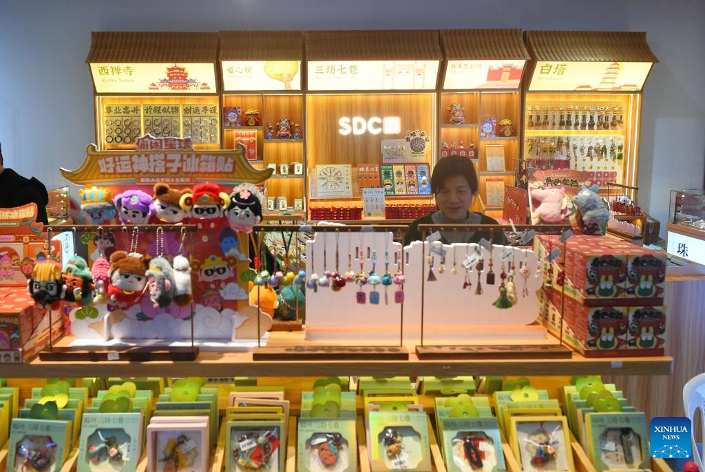 This photo shows cultural and creative products displayed at a store in Fuzhou, southeast China's Fujian Province, Jan. 9, 2026. In recent years, Fujian Province has stepped up efforts to explore distinctive cultural resources, fostering new scenarios, formats, and models for cultural consumption to promote the high-quality growth of the cultural and tourism economy. (Photo: Xinhua)