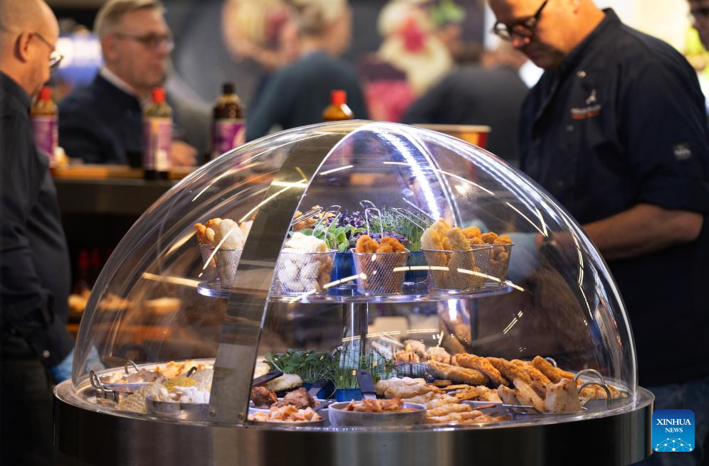 Foods are shown at HORECAVA in Amsterdam, the Netherlands, on Jan. 12, 2026. The annual HORECAVA, a Dutch trade fair for food, beverage and service industry, is held in Amsterdam from Jan. 12 to Jan. 15, 2026. (Photo by Sylvia Lederer/Xinhua)