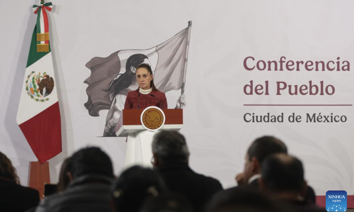 Mexican President Claudia Sheinbaum attends a morning press conference at the National Palace in Mexico City, capital of Mexico, Jan. 12, 2026. (Photo by Francisco Canedo/Xinhua)