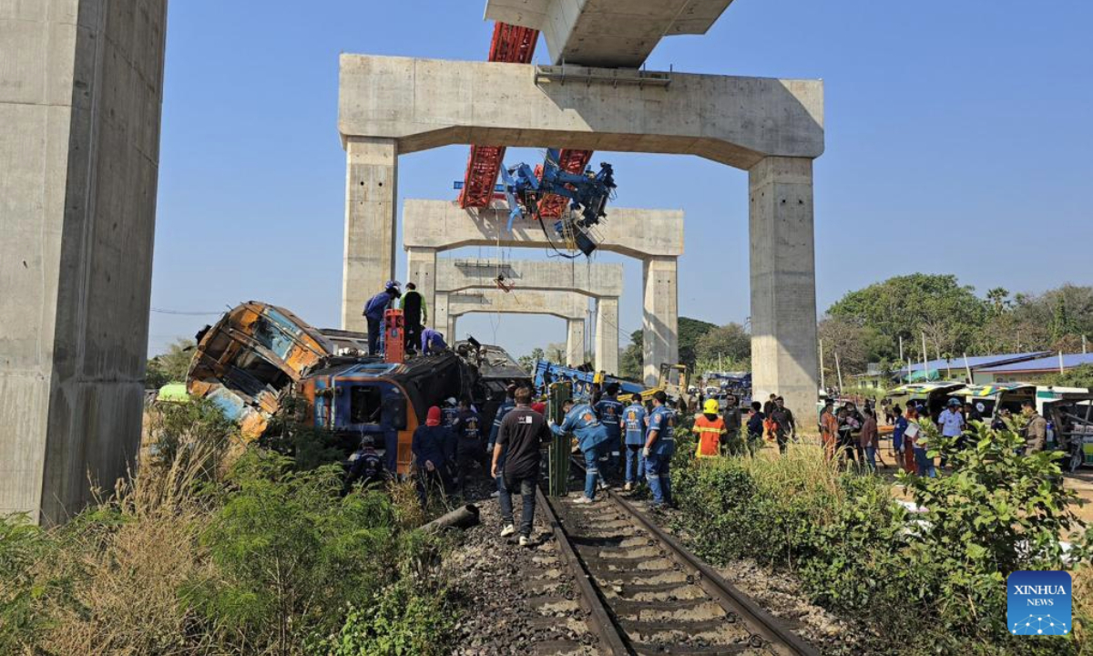 This photo taken with a phone on Jan. 14, 2026 shows the accident site in Sikhio District, Thailand's Nakhon Ratchasima Province. A construction crane used for railway work plummeted at a high-speed rail project site in Sikhio District, Thailand's Nakhon Ratchasima Province, on Wednesday morning, slamming into a passing train, Thai media reported. Reports said at least 22 people were killed. (Xinhua)
