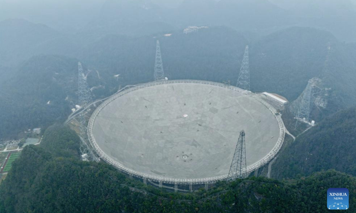 An aerial drone photo taken on Jan. 16, 2026 shows China's Five-hundred-meter Aperture Spherical Radio Telescope (FAST) under maintenance in southwest China's Guizhou Province. (Xinhua/Ou Dongqu)