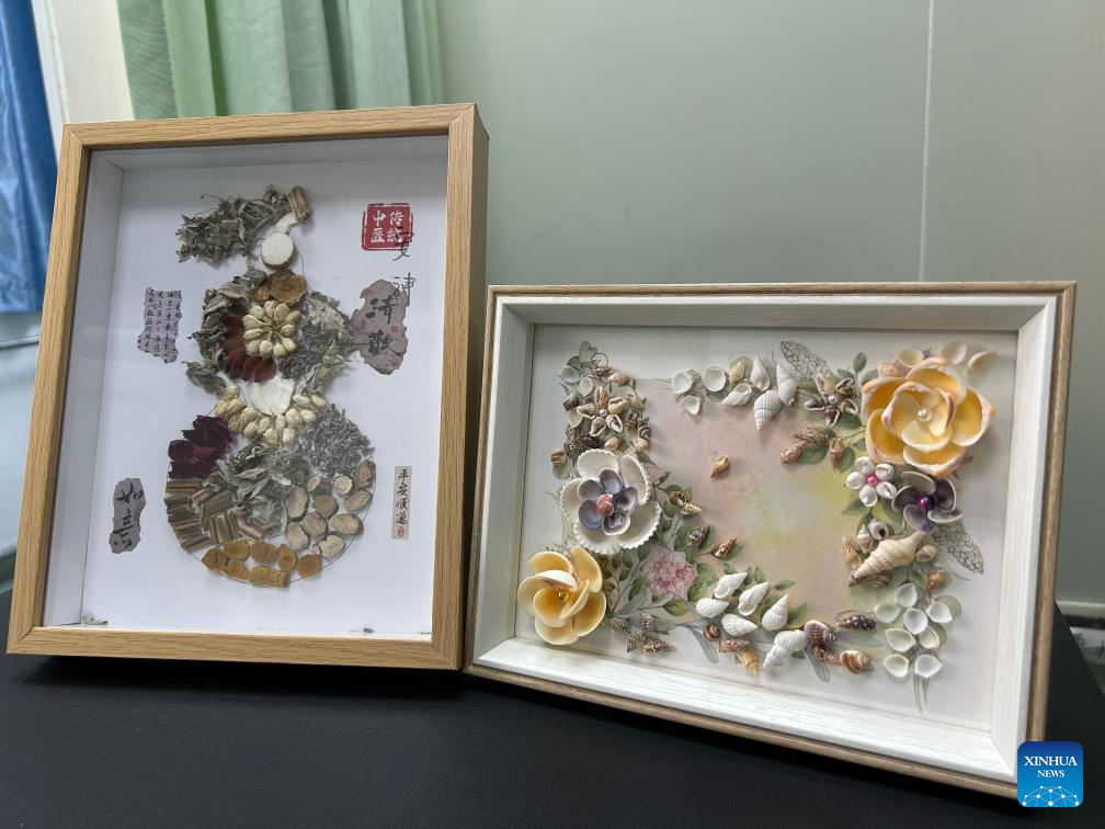 This photo taken on Jan. 7, 2026 shows collages created by senior patients during group cognitive training sessions at the memory clinic of Hepingli Community Health Service Center in Beijing, capital of China. (Xinhua/Shen Anni)