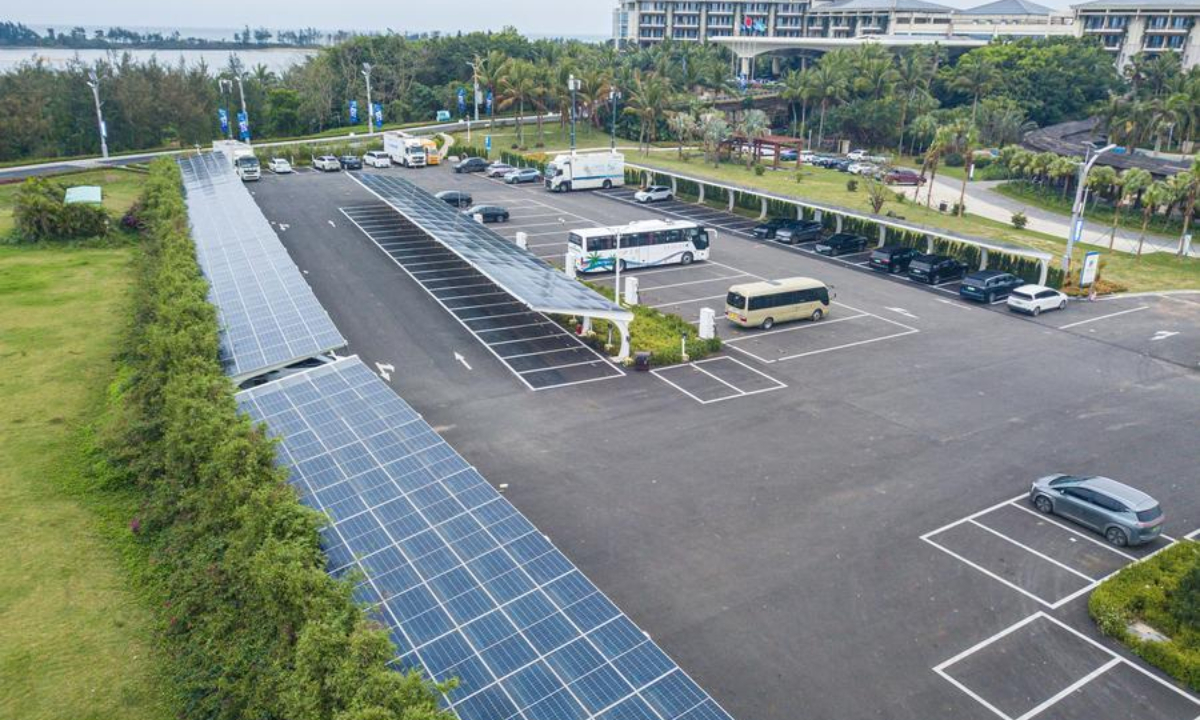 An aerial drone photo taken on March 16, 2025 shows the photovoltaic devices at a parking lot in the Boao zero-carbon demonstration zone in Boao, south China's Hainan Province. (Xinhua/Pu Xiaoxu)