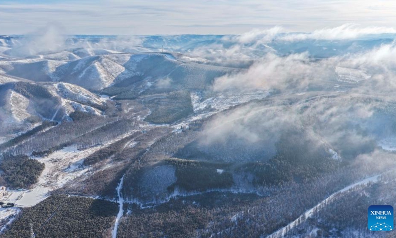 An aerial drone photo taken on Jan. 10, 2026 shows the winter scenery at the Saihanba national nature reserve in Chengde City, north China's Hebei Province. (Photo: Xinhua)