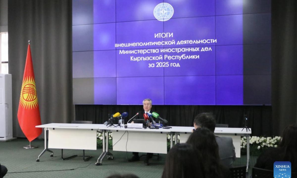 Kyrgyzstan's Minister of Foreign Affairs Jeenbek Kulubaev speaks during the annual foreign ministry press conference for 2025 in Bishkek, Kyrgyzstan, Jan. 15, 2026. (Xinhua/Jiang Youlin)