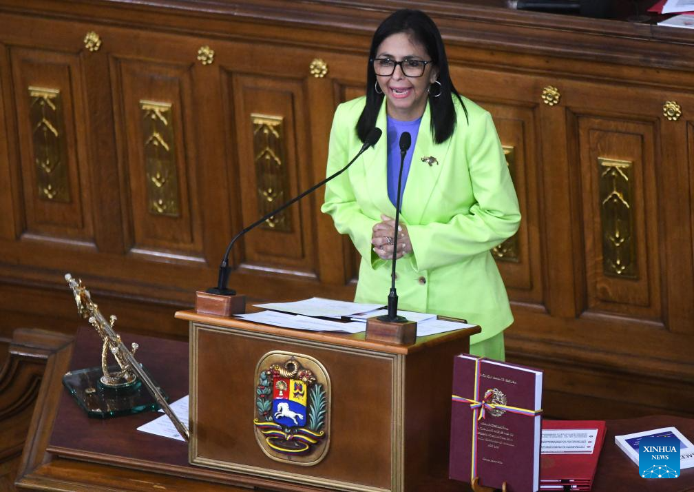Venezuelan acting president Delcy Rodriguez delivers her annual report to the legislature on behalf of the administrative body in Caracas, Venezuela, Jan. 15, 2026. (Photo by Marco Salgado/Xinhua)