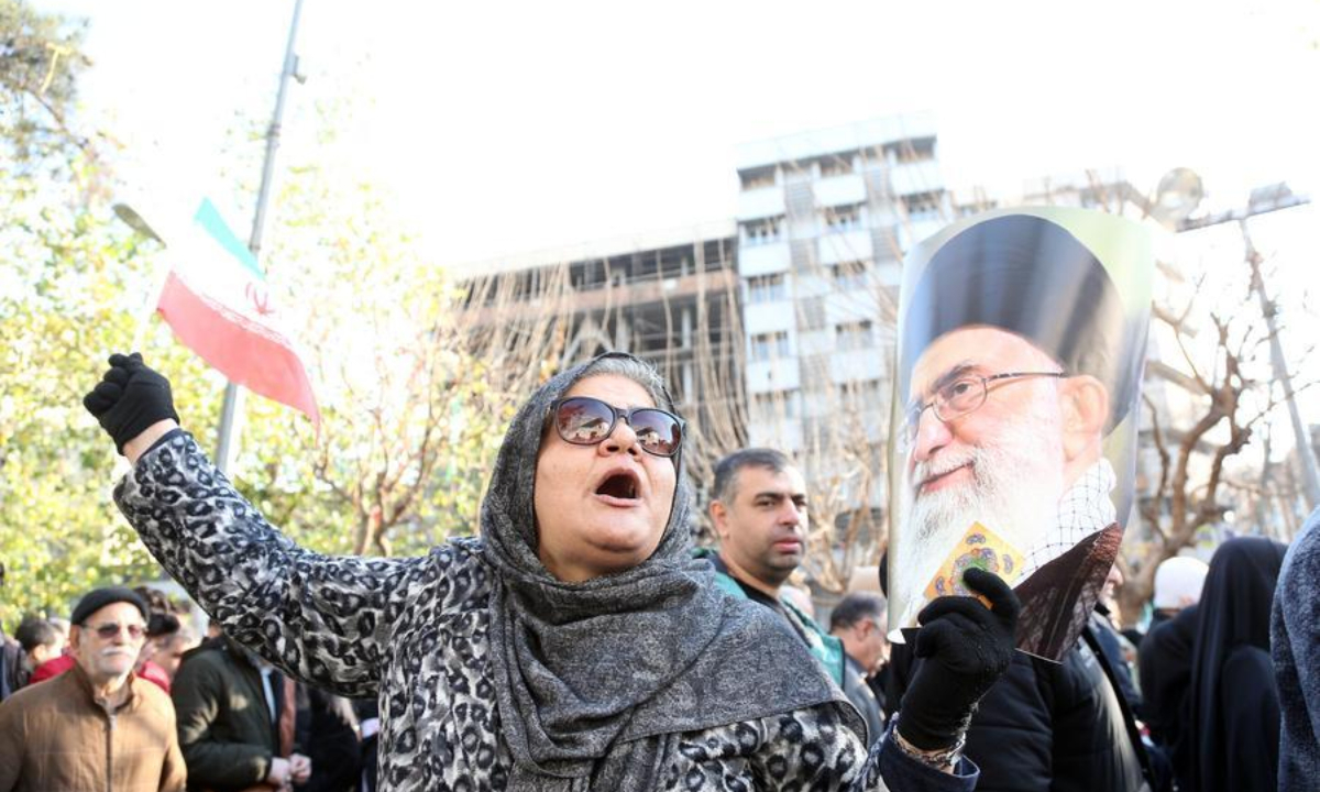 Tehran, Iran, on Jan. 12, 2026. Tens of thousands of pro-government citizens took to the streets across Iran on Monday, responding to calls from Iranian authorities to demonstrate solidarity. (Xinhua/Shadati)