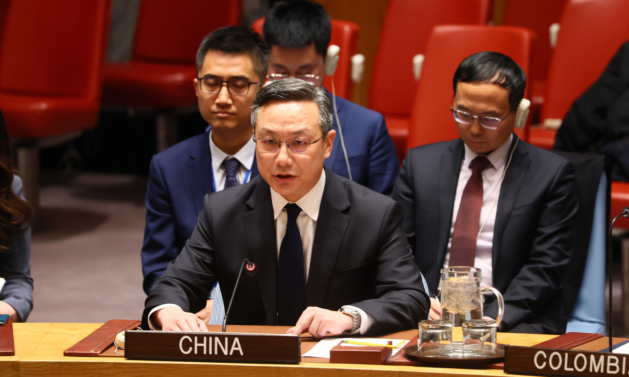China’s Chargé d'Affaires of the Permanent Mission to the United Nations Sun Lei speaks at a UN Security Council’s emergency meeting on Iran o January 15, 2026. Photo: VCG