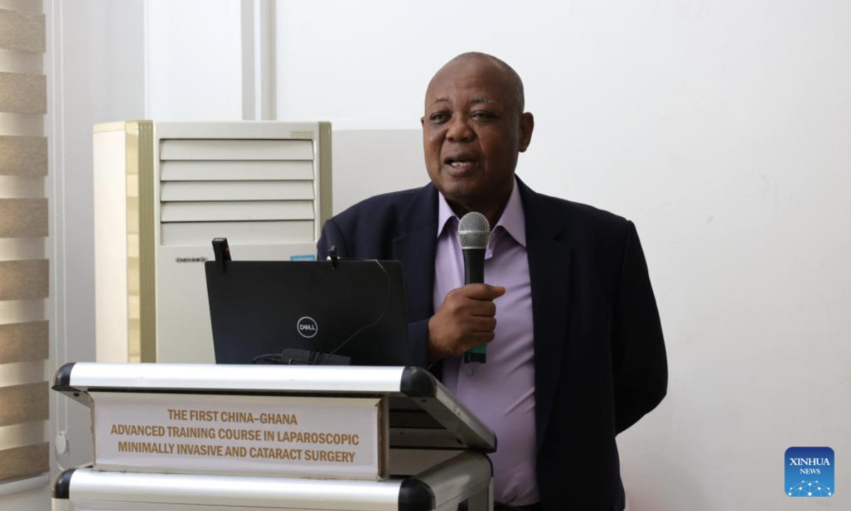 Mahamadu Zakariah, head of the surgical unit at Lekma Hospital, speaks at the first China-Ghana advanced training course in laparoscopic minimally invasive and cataract surgery at the China-Ghana Friendship (Lekma) Hospital in Accra, Ghana, Jan. 12, 2026. (Photo by Seth/Xinhua)