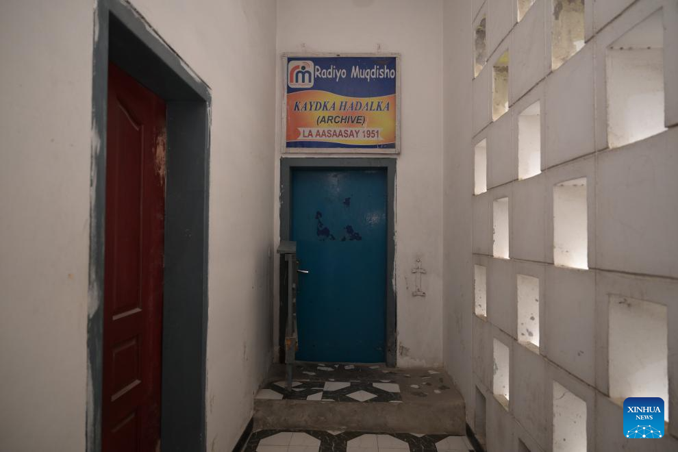 This photo taken on Jan. 12, 2026 shows a door to the archives of Radio Mogadishu in Mogadishu, Somalia. Radio Mogadishu, established in 1951, is one of the official state-run broadcasting organizations in Somalia. The archives of Radio Mogadishu houses a large number of historical audio files, including music, poetry, interviews, political speeches and other contents, which record the social and cultural process of Somalia in recent decades. (Xinhua/Yang Guang)