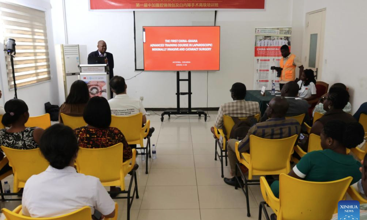 This photo taken on Jan. 12, 2026 shows the first China-Ghana advanced training course in laparoscopic minimally invasive and cataract surgery at the China-Ghana Friendship (Lekma) Hospital in Accra, Ghana.  (Photo by Seth/Xinhua)