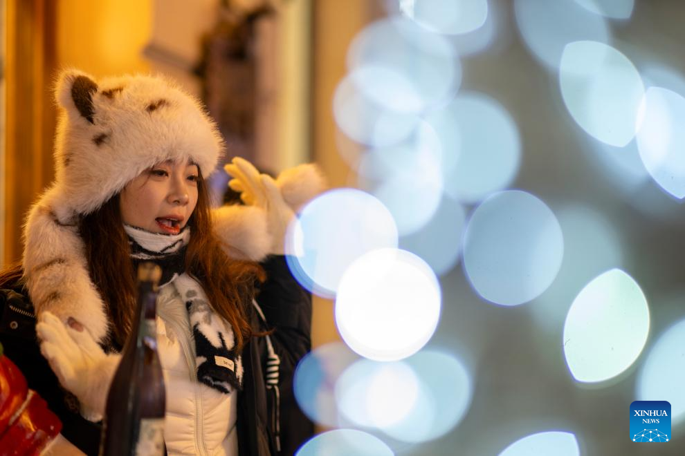 A visitor is seen on the Central Street in Harbin, northeast China's Heilongjiang Province, Jan. 12, 2026. As one of the most popular attractions in Harbin, the Central Street, which is renowned for its diverse European-style architecture, wows tourists with its colorful lights at night during the city's tourism boom this winter. (Xinhua/Zhang Tao)