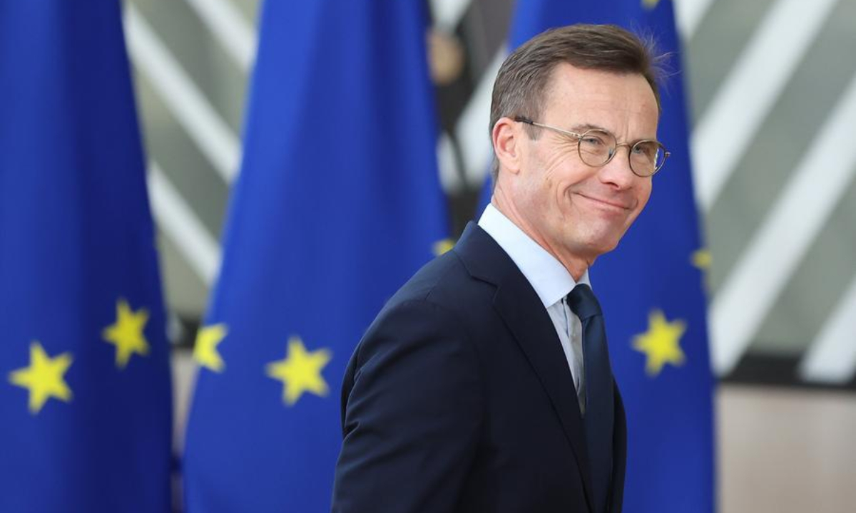 Sweden's Prime Minister Ulf Kristersson arrives at the venue of a special European Union (EU) summit in Brussels, Belgium, Feb. 1, 2024. (Xinhua/Zhao Dingzhe)
