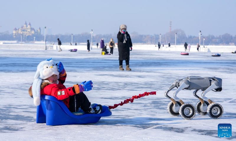 A child rides sled pulled by a robotic dog on the frozen surface of the Songhua River in Harbin, northeast China's Heilongjiang Province, Jan. 11, 2026. The surface of the Harbin section of Songhua River, now solidly frozen, serves as a fun field, where locals and tourists alike enjoy themselves with ice-and-snow-themed amusements. (Xinhua/Wang Jianwei)