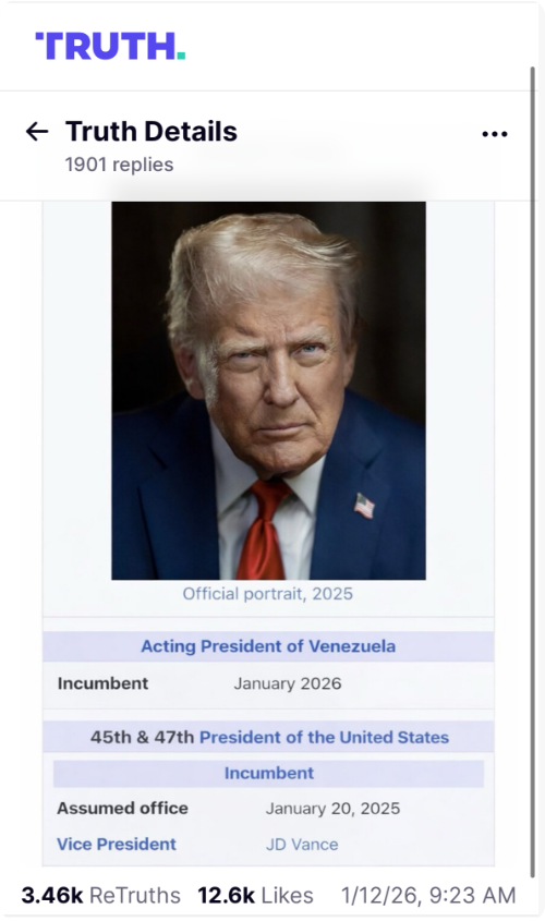 A screenshot of US President Donald Trump’s Social Truth post on January 11 local time 