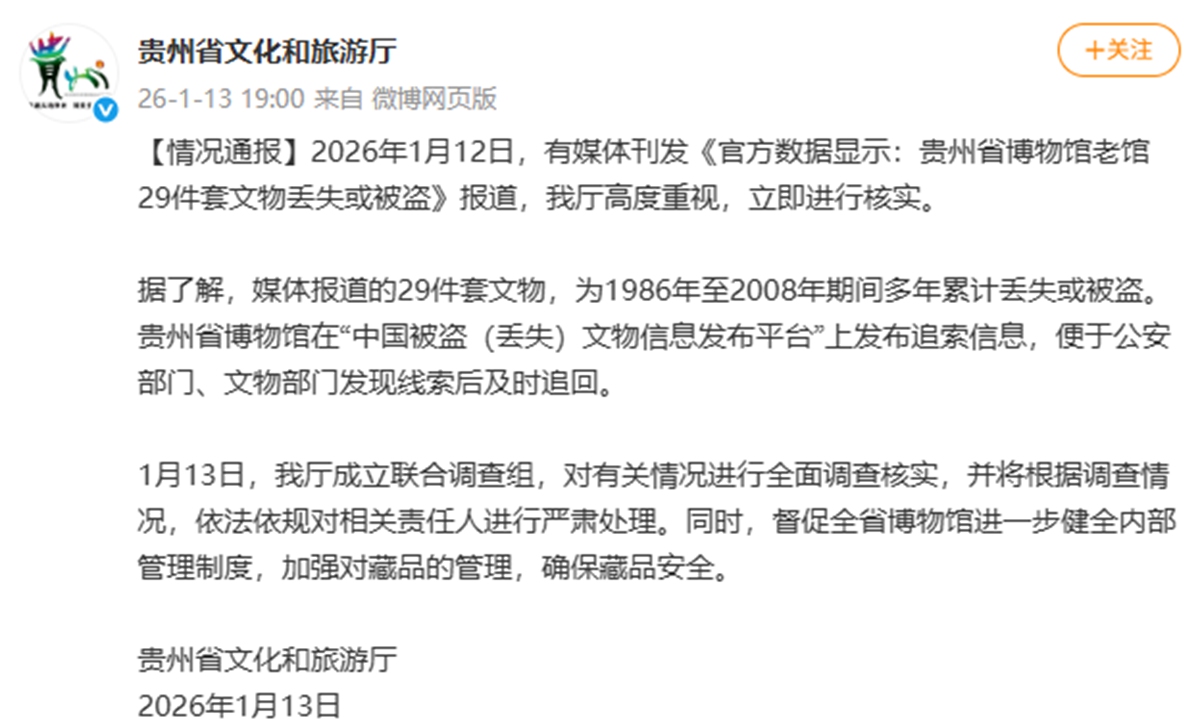 The Department of Culture and Tourism of Guizhou Province released a statement on Tuesday, announcing the launch of a joint investigation into the loss of 29 sets of cultural relics formerly housed at the old site of the Guizhou Provincial Museum. The statement came in response to media reports published on January 12 citing official data on missing or stolen artifacts.