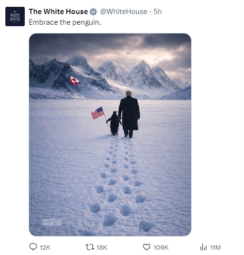 A social media post by the White House depicts President Donald Trump walking across the snow toward a Greenlandic flag along with a penguin carrying an American flag on January 23, 2026 Photo: Screenshot from X account of White House