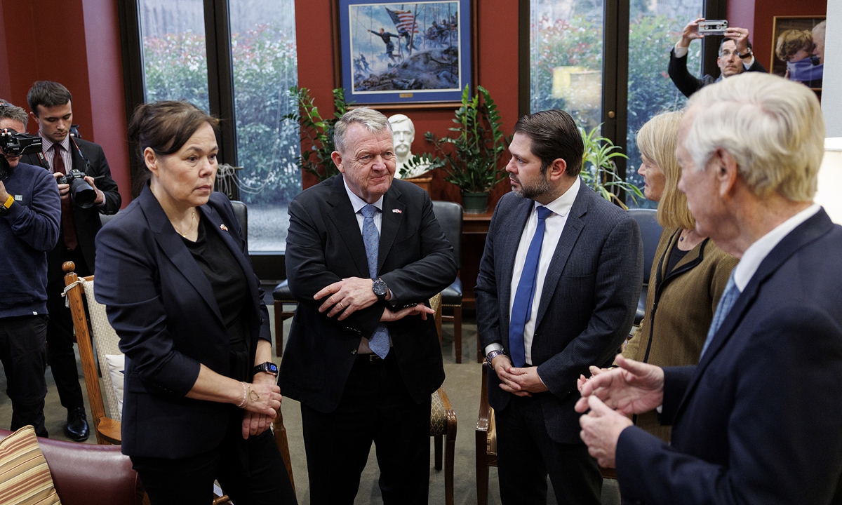 Greenland's Foreign Minister Vivian Motzfeldt (left) and Danish Foreign Minister Lars Lokke Rasmussen (second from left) meet with US Senators at the US Capitol in Washington, DC, US on January 14, 2026. Photo: VCG