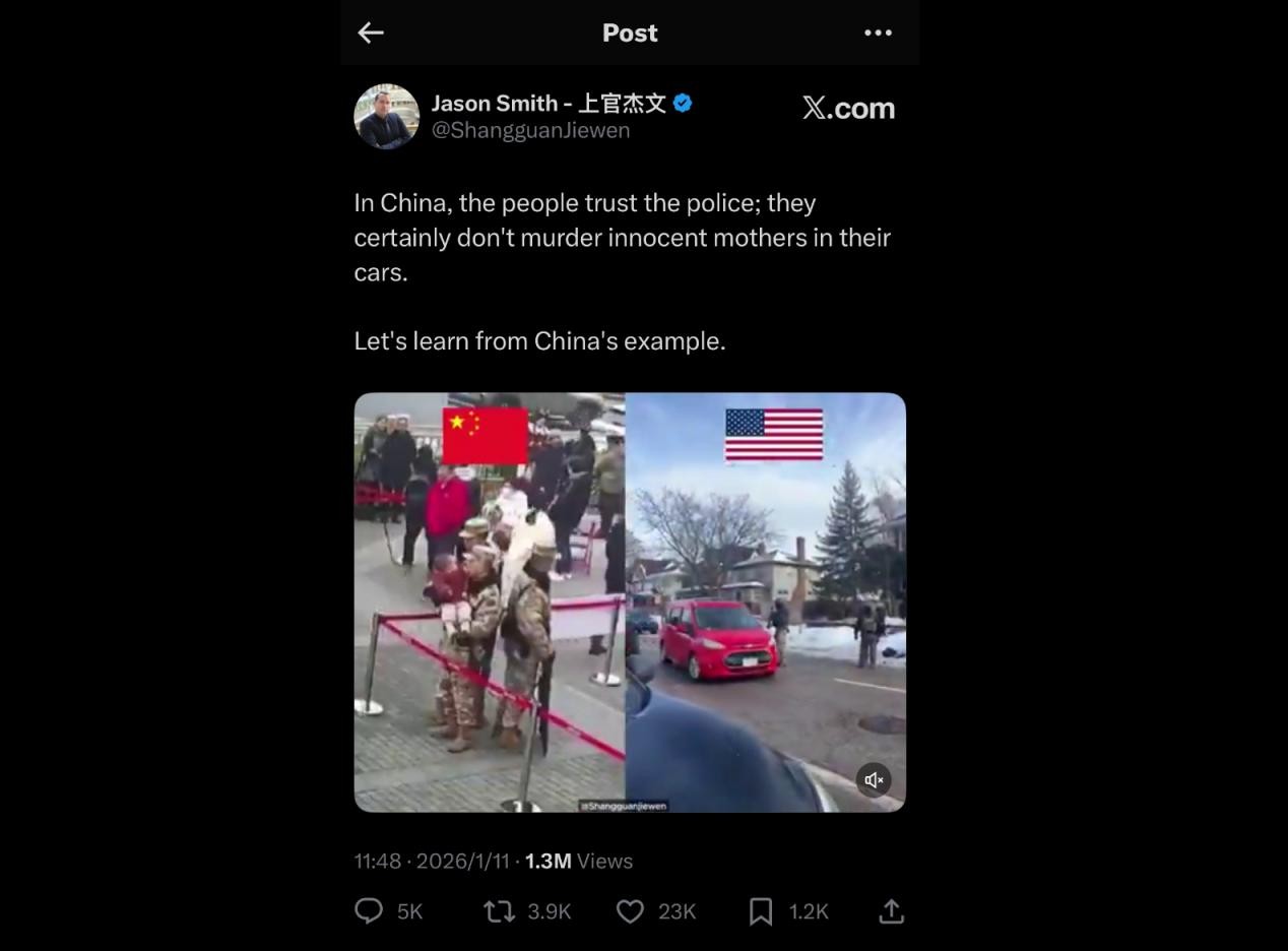 The video comparing law enforcement practices in China and the US posted by US journalist Jason Smith on its X account Photo: Screenshot from X