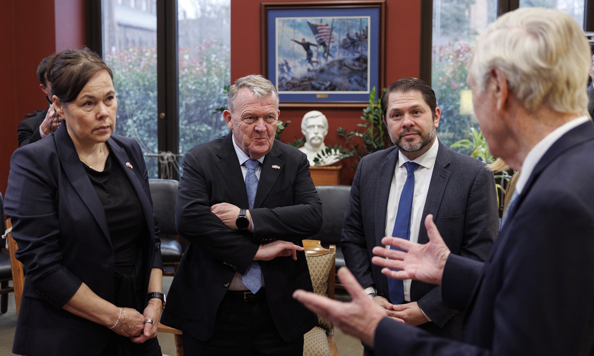 Greenland's Foreign Minister Vivian Motzfeldt (L) and Danish Foreign Minister Lars Lokke Rasmussen (C-L) meet with US Senator Ruben Gallego (C-R), and US Senator Angus King (R) at the US Capitol in Washington, DC, USA, 14 January 2026. Photo: VCG