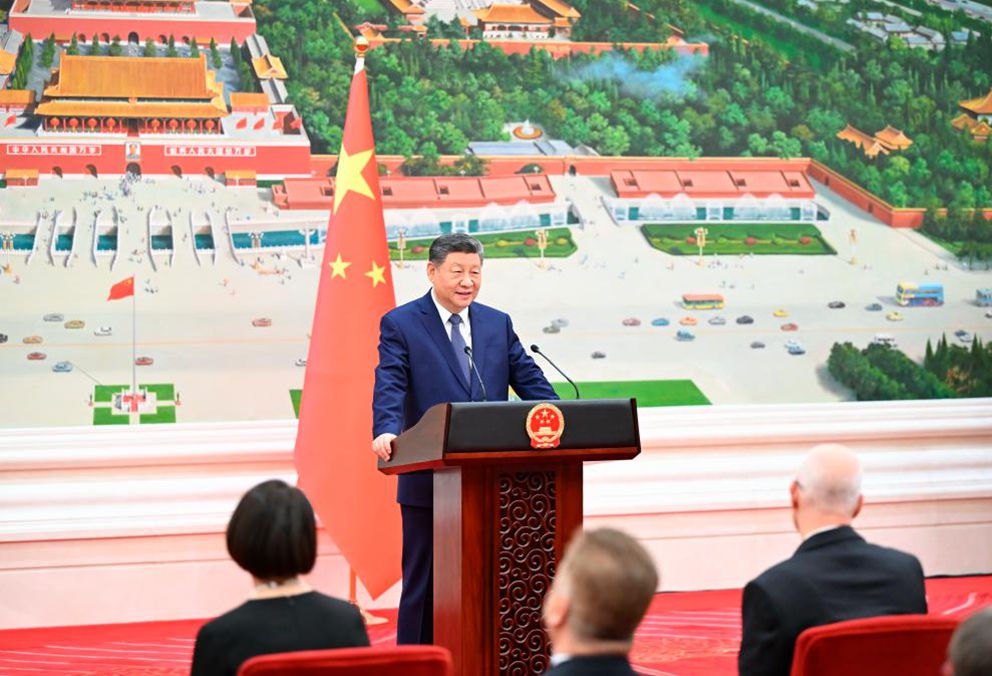 Chinese President Xi Jinping delivers a speech after receiving the credentials of 18 new ambassadors to China at the Great Hall of the People in Beijing, capital of China, Jan. 16, 2026. (Xinhua/Li Xiang)