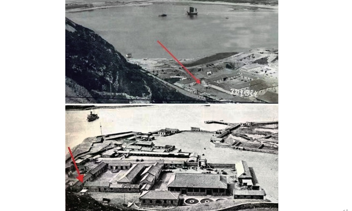 Early 20th century photographs of the Chinese Tang Honglu Well Stele of the Tang Dynasty (618-907) and its pavilion taken by Russians and Japanese in Lüshun (pointed to by the red arrow)