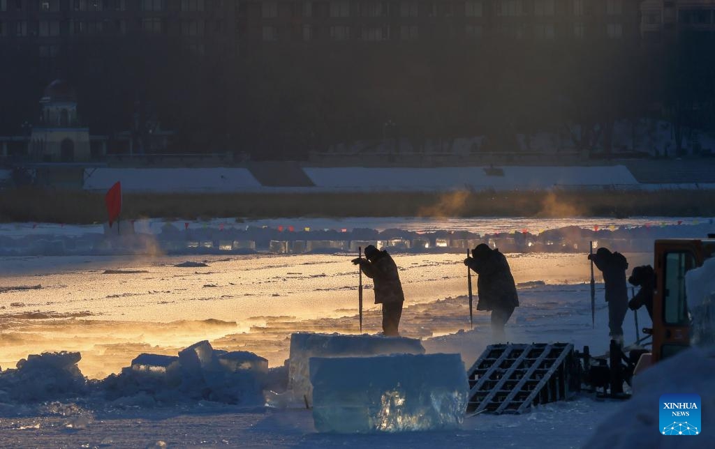 Workers collect ice cubes from the Songhua River in Harbin, northeast China's Heilongjiang Province, Jan. 17, 2026. While the Harbin Ice-Snow World is still in full swing receiving visitors, ice collection and storage work for the next season has already kicked off on the Songhua River not far from the amusement park. (Photo: Xinhua)