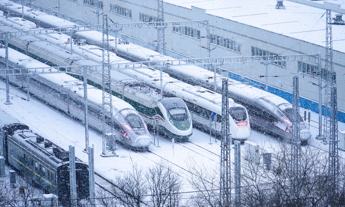 Trains are parked at a railway depot covered in heavy snow in Beijing on January 17, 2026 Photo: VCG