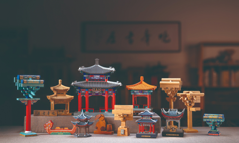 Miniature models of ancient Chinese building assembled from mortise-and-tenon toy building blocks, designed by Wanfeng Chinese Ancient Architecture Building Blocks. Photo: Courtesy of Liu Wenhui