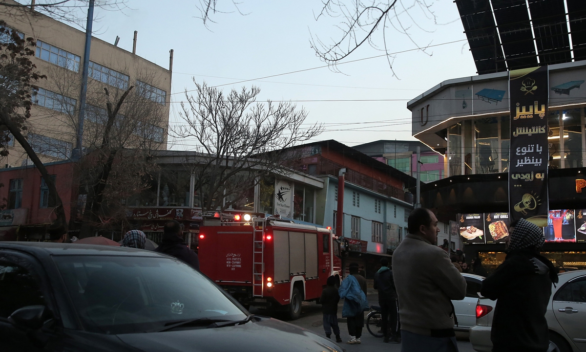 Firefighters respond at the site of an explosion in Kabul, Afghanistan, 19 January 2026. Kabul police said, a blast struck near a Afghan-Chinese Muslim restaurant in Shahr-e-Naw, killing seven and injuring others. The cause remains under investigation. Photo: VCG