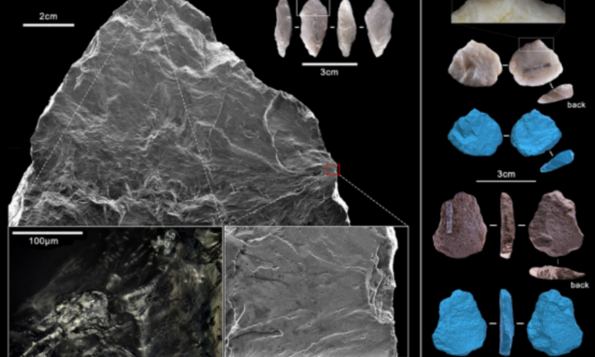 The hafted stone tools discovered from Xigou site in Xichuan county, Central China’s Henan Province Photo: Courtesy of the Institute of Vertebrate Paleontology and Paleoanthropology of CAS