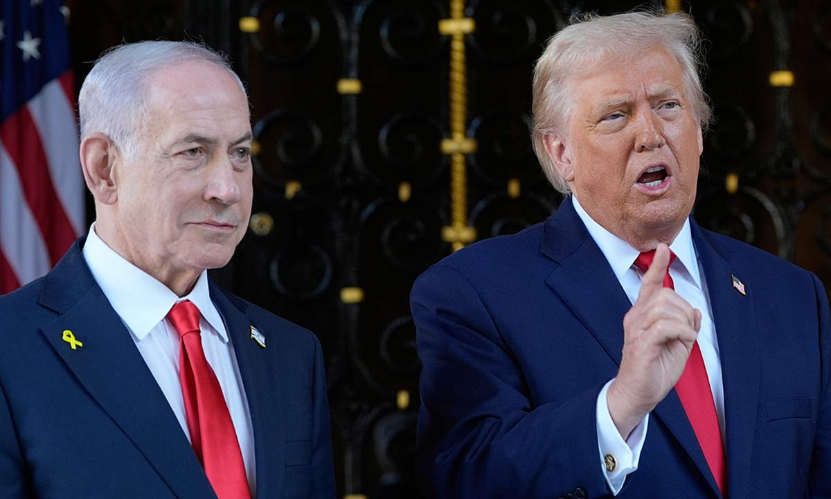 A File phole shows US President Donald Trump speaks to reporters as he greets Israel's Prime Minister Benjamin Netanyahu at his Mar-a-Lago club in Florida on December 29, 2025. Photo: VCG