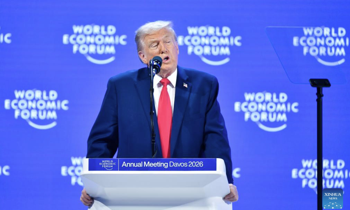 U.S. President Donald Trump addresses the World Economic Forum Annual Meeting in Davos, Switzerland, Jan. 21, 2026. (Xinhua/Lian Yi)