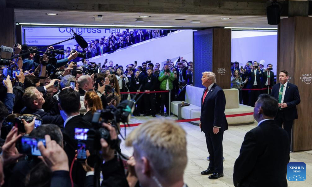 U.S. President Donald Trump speaks to journalists after addressing the World Economic Forum Annual Meeting in Davos, Switzerland, Jan. 21, 2026. (Xinhua/Peng Ziyang)